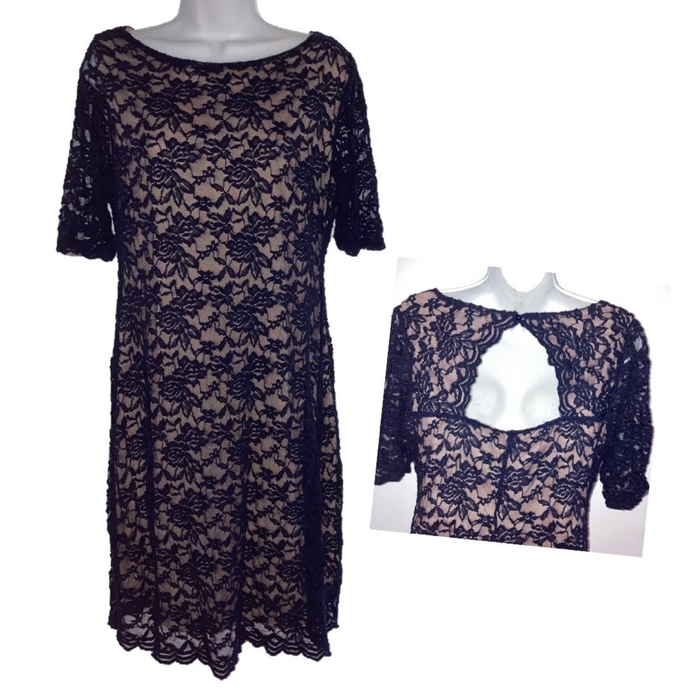 Candalite Scalloped Stretch Lace Cut out Back Navy Blue Tan Dress M*